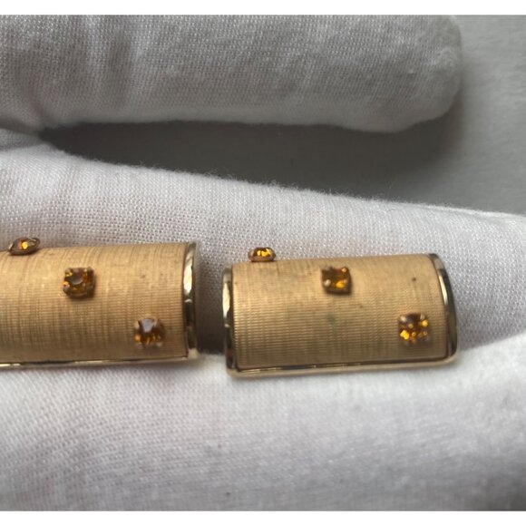 Vintage Swank Gold Tone Barrel Cufflinks Orange Rhinestone Mod Mid Century - Picture 3 of 6